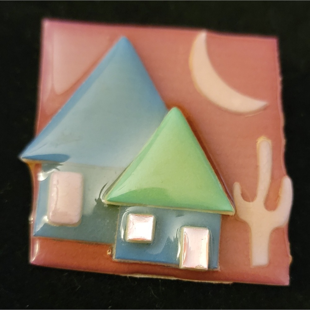 Vintage Lucinda House Pin Desert Night Scene Moon Cactus Brooch Art Jewelry